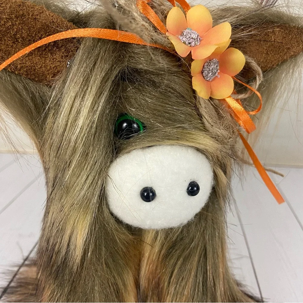 Highland Cow Coo Gnome Rust Brown Handmade Orange Flower Bow Farmhouse Decor - Picture 4 of 13